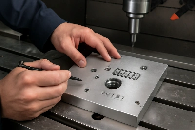 Precision CNC machining process with machinist marking metal part with GD&T symbols on milling machine table Precision CNC machining process with machinist marking metal part with GD&T symbols on milling machine table