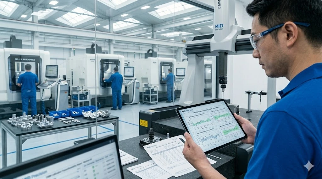 Chinese engineer auditing a CNC machining facility quality documentation and equipment records