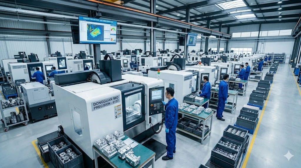 Modern and spacious CNC machining facility in Dongguan with Chinese operators working in organized production cells Modern and spacious CNC machining facility in Dongguan with Chinese operators working in organized production cells