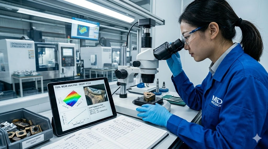 Chinese machinist inspecting carbide insert wear with a digital microscope for precise machining control Chinese machinist inspecting carbide insert wear with a digital microscope for precise machining control