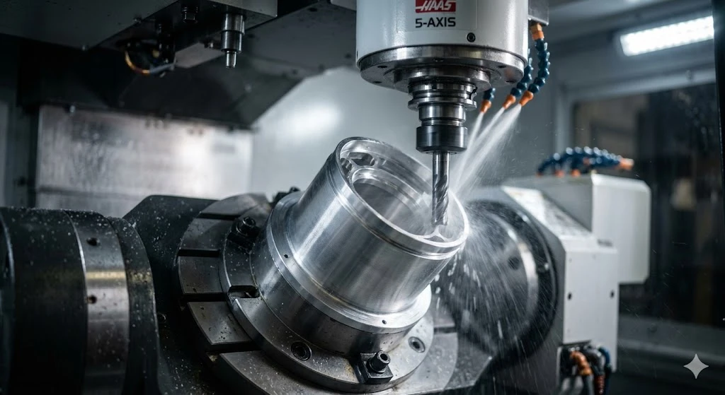 Alt: Close-up of a 5-axis CNC mill precision machining a thin-walled aluminum aerospace component with high-pressure coolant
