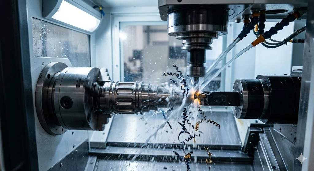 Alt: Titanium Ti-6Al-4V aerospace part being turned on a CNC machine with a high-pressure 70-bar through-spindle coolant system