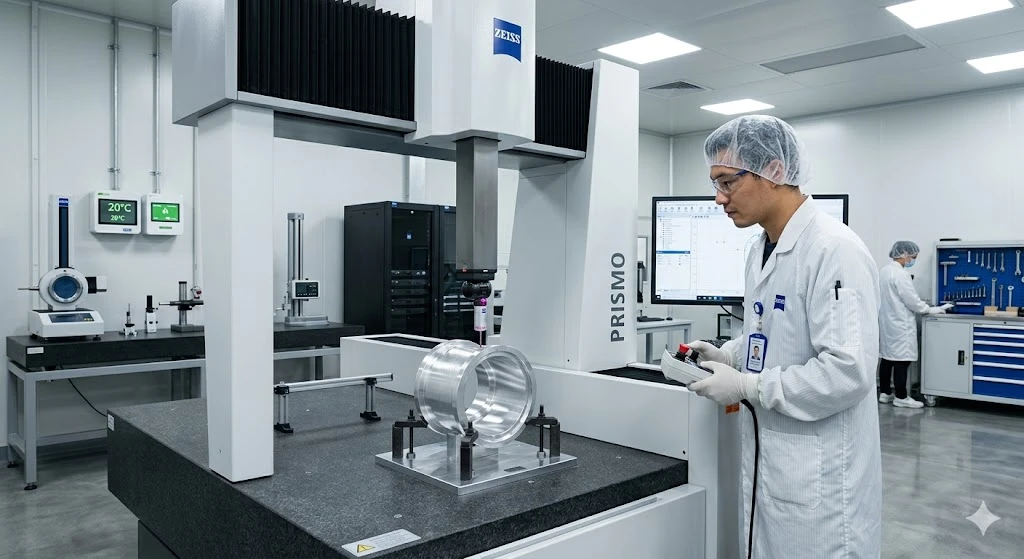 Alt: Quality control engineer using a coordinate measuring machine to inspect a high-precision machined aluminum component in a temperature-controlled lab