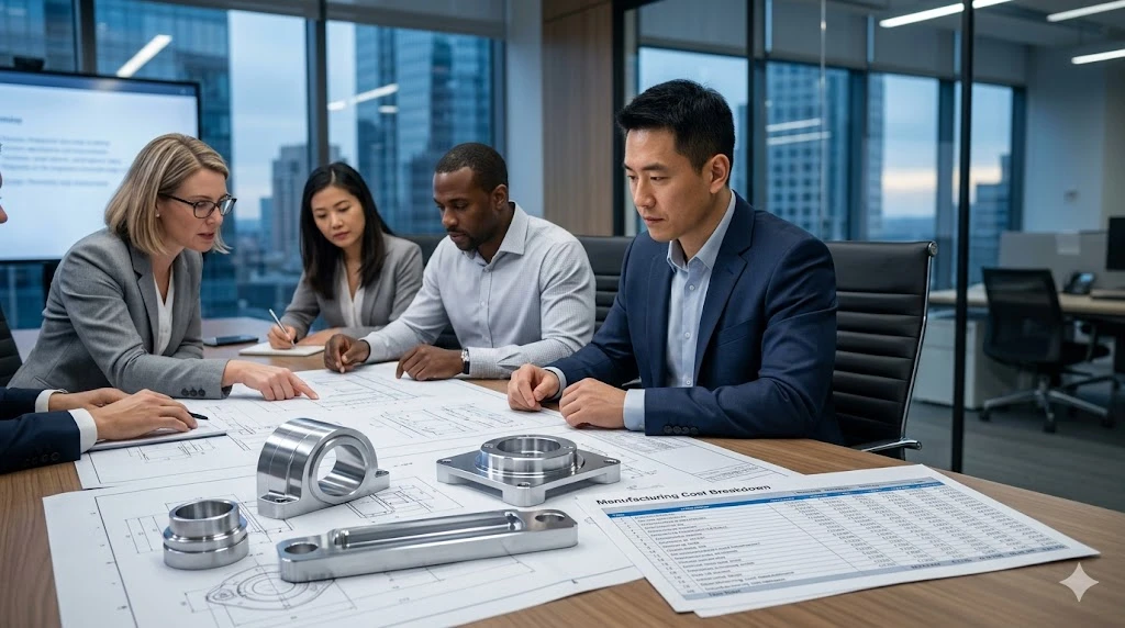 A corporate procurement team reviewing a technical drawing and CNC machining cost breakdown on a conference table alongside precision machined parts. A corporate procurement team reviewing a technical drawing and CNC machining cost breakdown on a conference table alongside precision machined parts.
